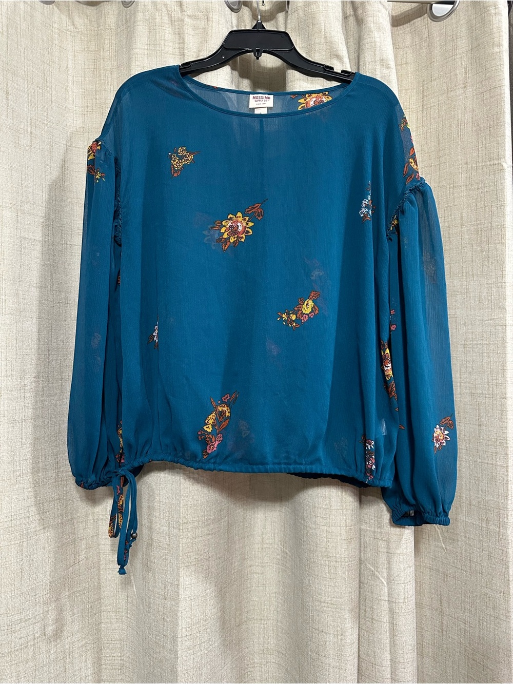 Mossimo Supply Co. Women’s Teal Floral Chiffon Sheer Balloon Sleeve Blouse L